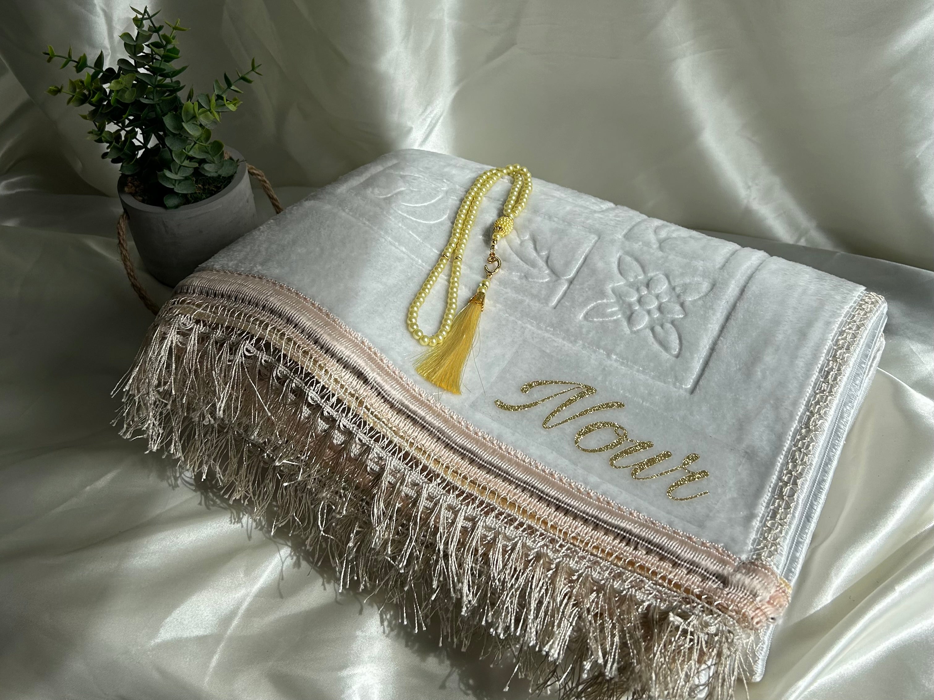 Tapis de prière épais blanc/ dorée personnalisable